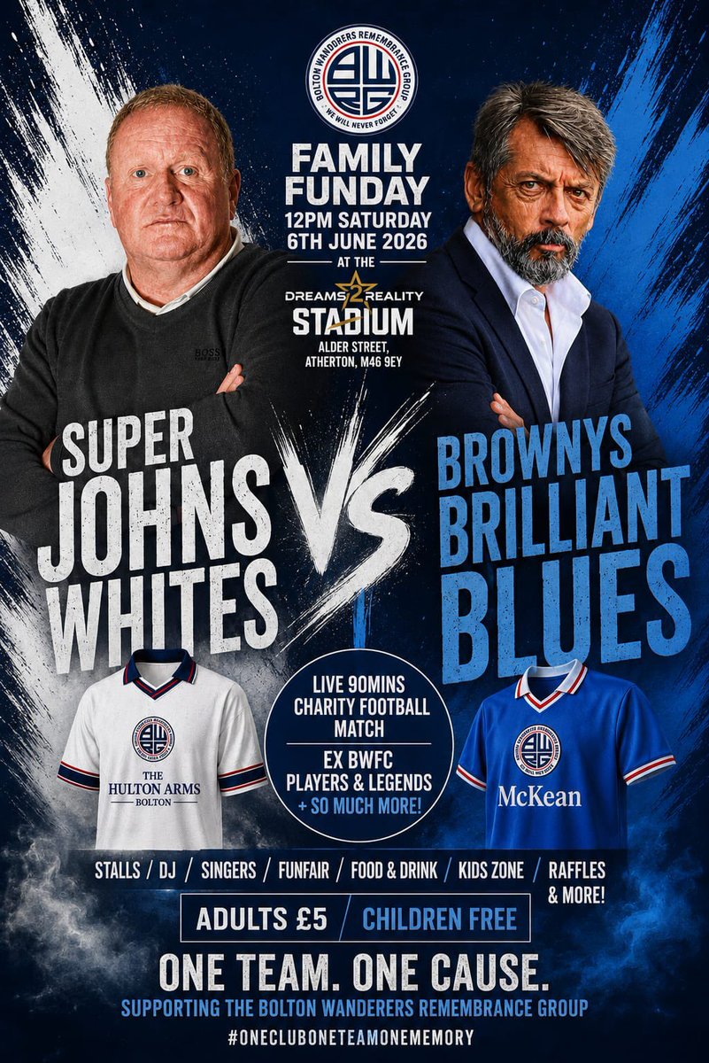 ashderbyBWFC's tweet photo. Saturday 6th June @ Dreams2Reality Stadium , Atherton

Charity Football Match with plenty of Ex Pros and Family Fun Day perfect for the kids

Get your tickets here ⬇️

https://t.co/ZxIeMZmfcp

Like and Retweet and get the word about⚪️🔵 #bwfc https://t.co/o9QPHDPNHr