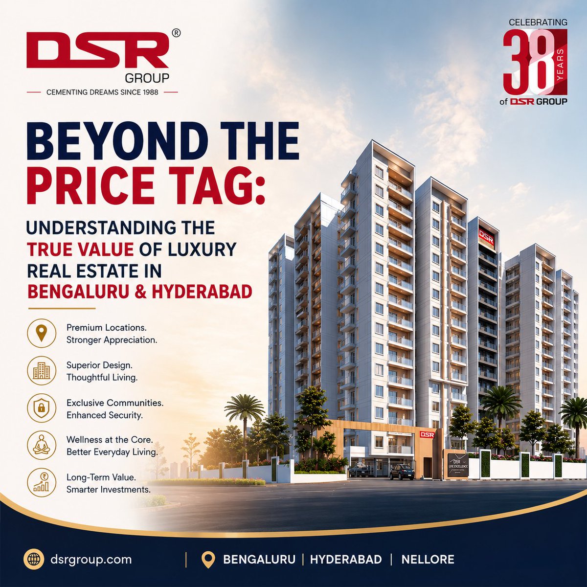 DSRInfra's tweet photo. Luxury isn't just about square footage—it's about value, lifestyle, location, security, wellness, and long-term appreciation.

🌐 https://t.co/qJxEMEWPFH

#DSRGroup #LuxuryHomes #LuxuryLiving #BengaluruRealEstate #HyderabadRealEstate #RealEstateIndia #DreamHome #38YearsOfTrust https://t.co/5txM0lBZXu