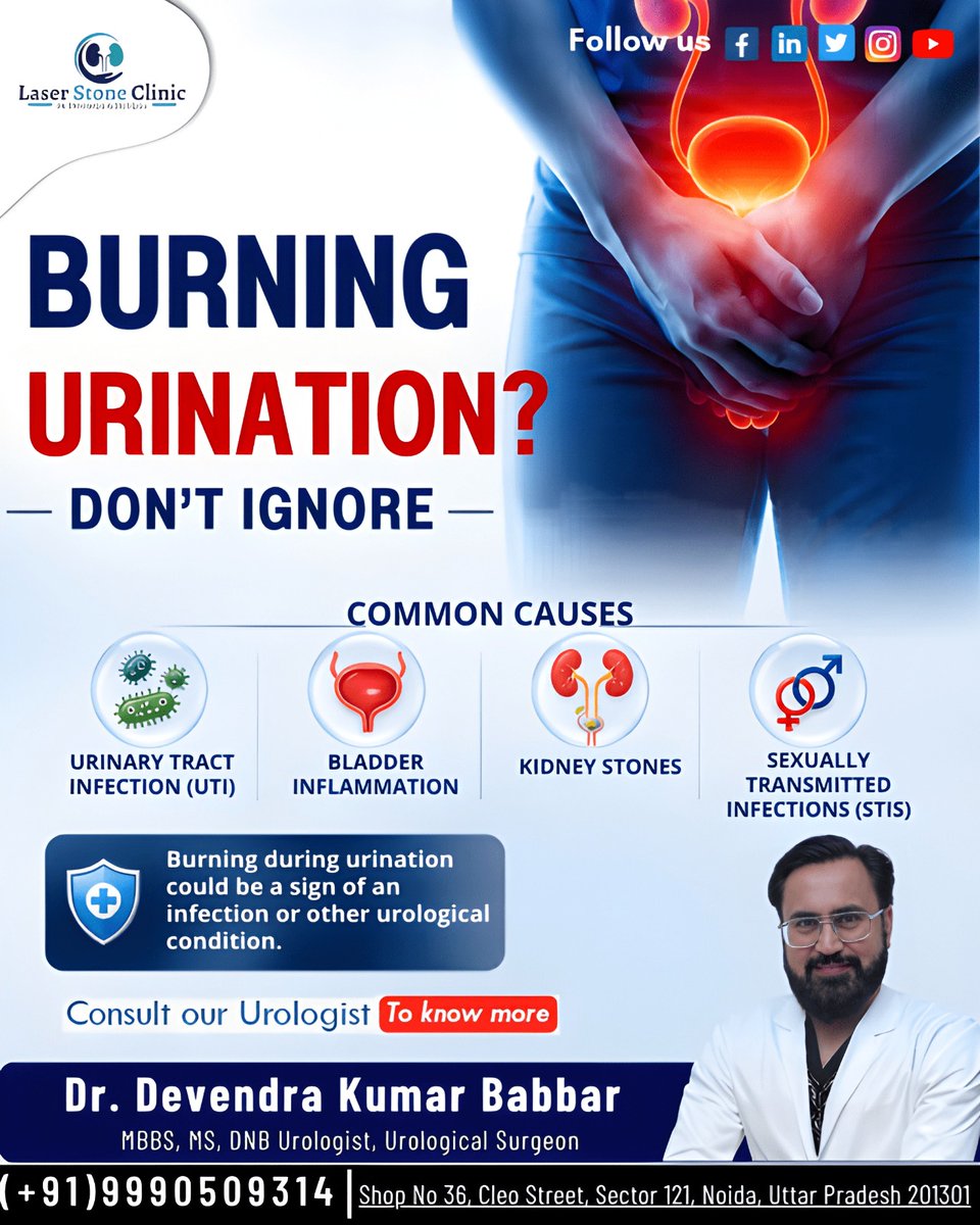 LaserStones's tweet photo. BURNING WHILE URINATING? DON'T IGNORE IT

Dr. Devendra Kumar Babbar
Best Urologist in Noida

📞 Book your consultation today: +91 9990509314 | +91 9843022153

#MaleInfertility #MenHealth #ReproductiveHealth #UrologyCare #KrishnaClinic #InfertilityAwareness # https://t.co/kHGcRVnvgf