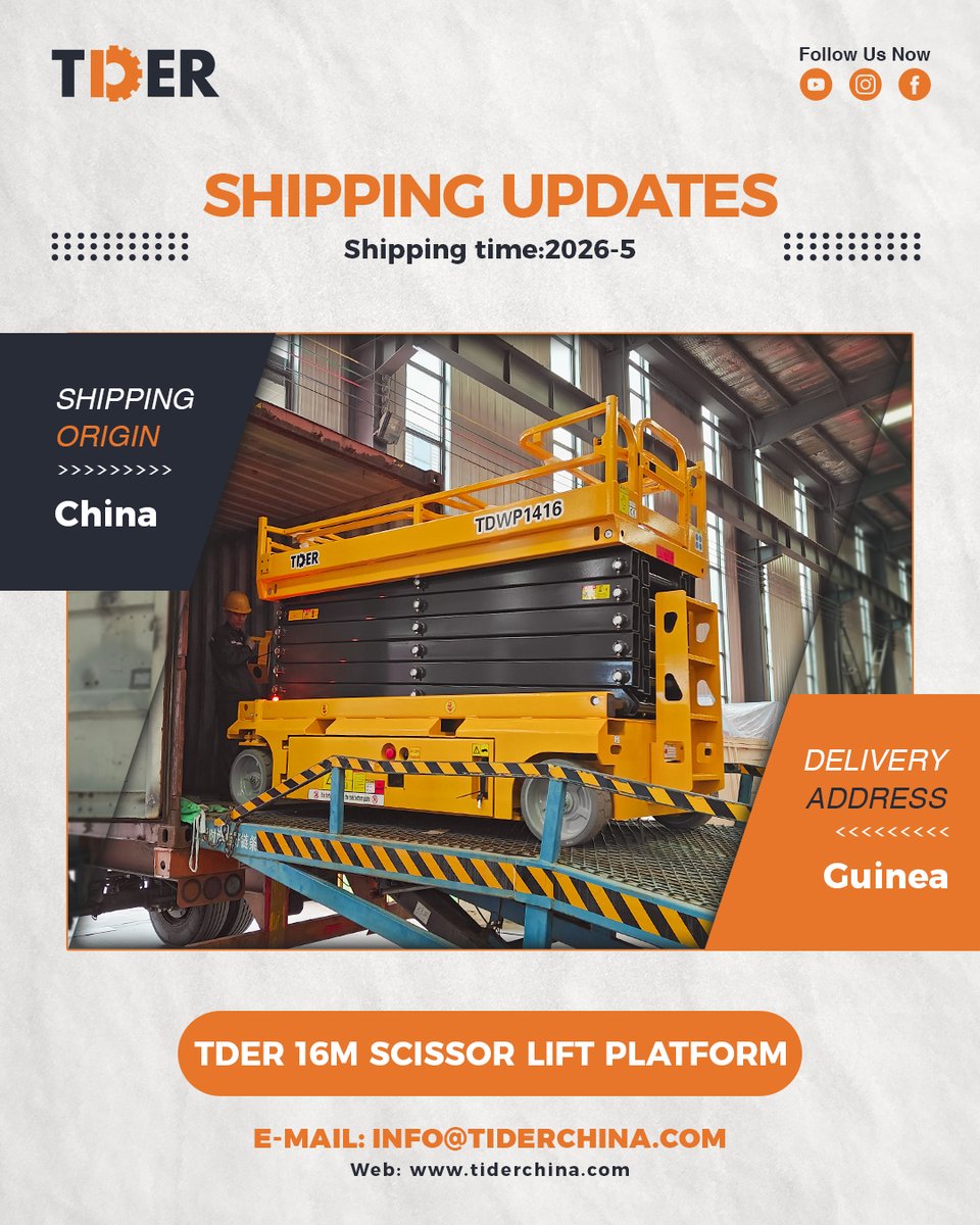 tdergroups's tweet photo. The #TDER 16m Scissor #Lift is quickly becoming a standout product in 2026, now successfully loaded and dispatched to #Guinea 🇬🇳.

🌍https://t.co/R2b9kr8ntZ
📲+86 17346269651

#tiderchina #tider #tderstories #tderworkplatform #liftplatform #workplatform #ScissorLift #import https://t.co/p6KQBMWhqe