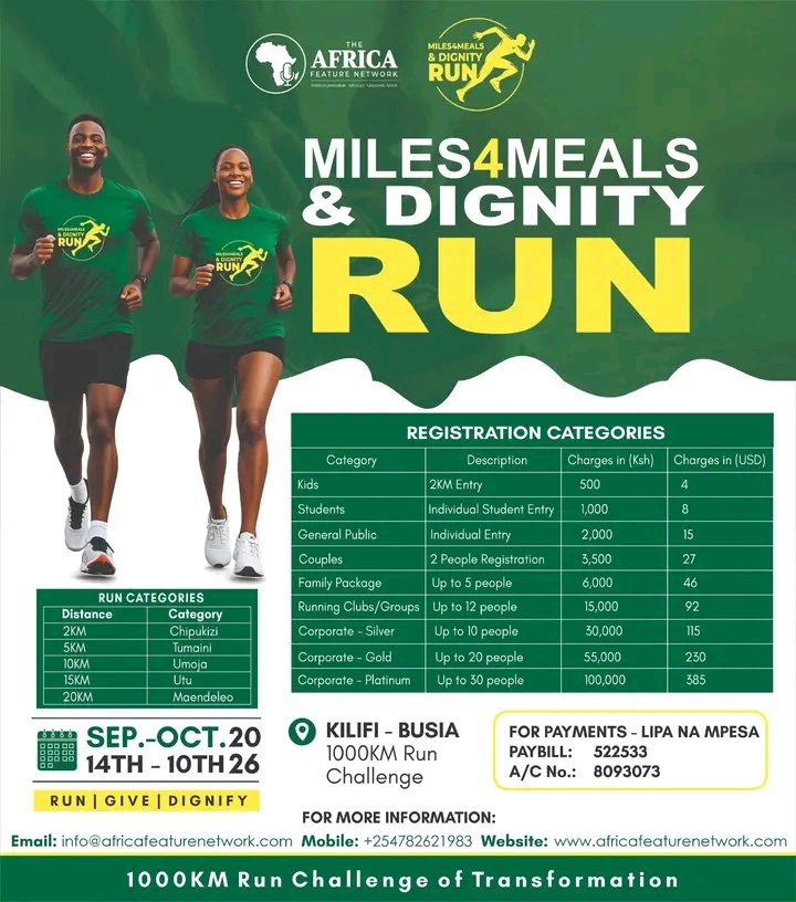 africafeatureN's tweet photo. Miles4Meals & Dignity Run is bringing together everyone — kids, students, families, running clubs, friends, and corporate teams — for a meaningful day of fitness and impact.

With 2KM, 5KM, 10KM, 15KM, and 20KM categories available, there’s a place for everyone to take part.

Registration opens tomorrow. Full category and package details are on the poster.

#Miles4MealsAndDignityRun
#RunForDignity
#MilesForHope