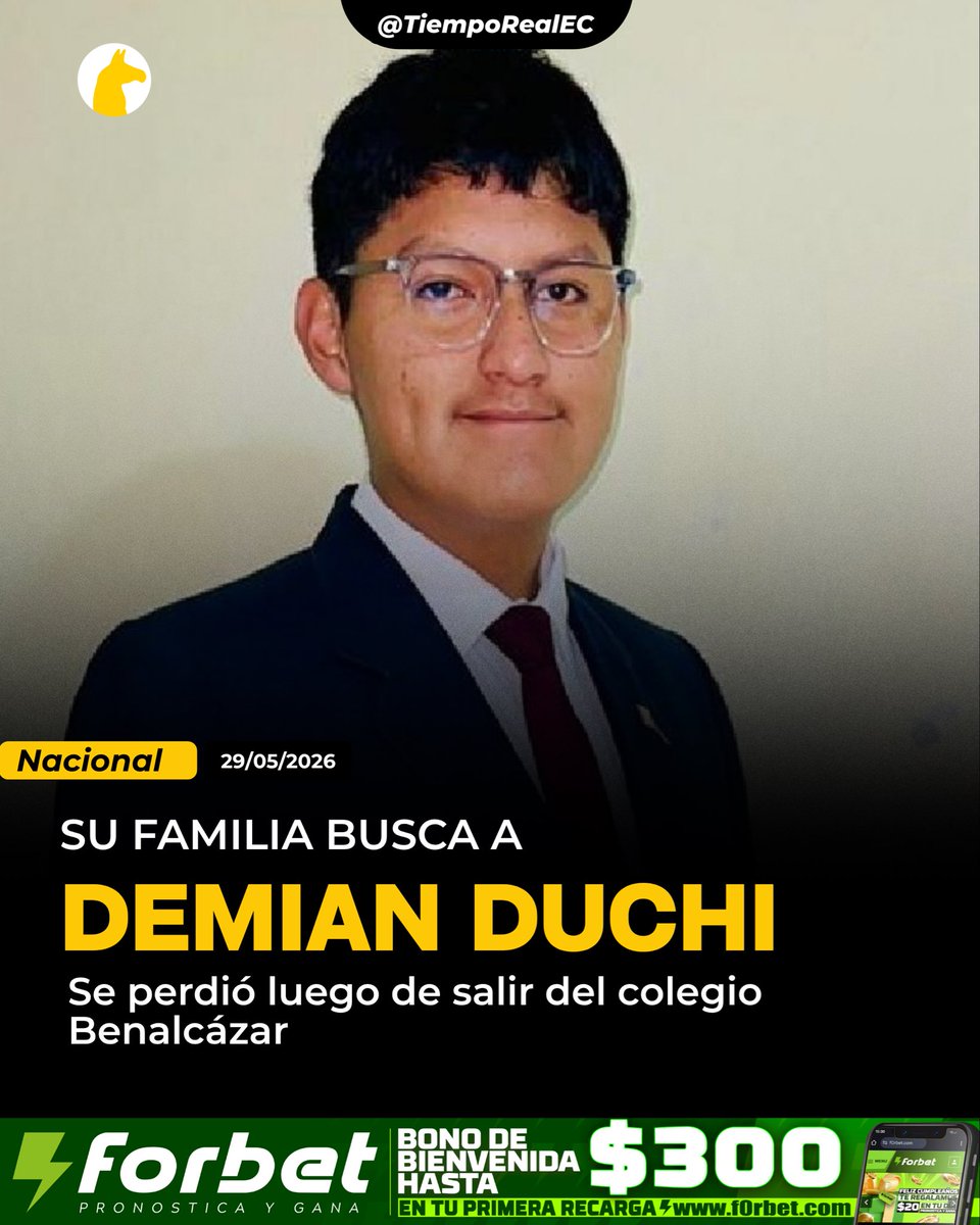 TiempoRealEC's tweet photo. 🚨🔎 #Quito | Buscan a adolescente desaparecido tras salir del Colegio Benalcázar 

📍 Demian Benjamín Duchi Morales, de 16 años, fue reportado como desaparecido desde la tarde de este jueves 28 de mayo de 2026, luego de ser visto por última vez en los exteriores del Colegio Benalcázar, ubicado en la avenida 6 de Diciembre e Irlanda, en el norte de Quito.

🕐 Según información difundida por familiares, el adolescente desapareció aproximadamente a las 13:00, tras salir de la institución educativa donde cursa el segundo año de bachillerato. La denuncia ya fue presentada ante la DINASED y la @FiscaliaEcuador para activar los protocolos de búsqueda.

👕 Al momento de su desaparición, Demian vestía el uniforme de educación física del plantel: calentador azul y zapatos blancos. De acuerdo con la ficha difundida por el Ministerio del Interior, mide entre 1,75 y 1,77 metros, es de tez trigueña, contextura ancha y tiene ojos cafés.

☎️ Familiares del menor solicitan ayuda urgente de la ciudadanía para obtener información que permita localizarlo. Cualquier dato verificable puede ser reportado al número 1800 DELITO (335 486).

#Desaparecido #Quito #DemianDuchi #ColegioBenalcázar #DINASED #Seguridad #Ecuador #NoticiasEC #PersonasDesaparecidas #Urgente