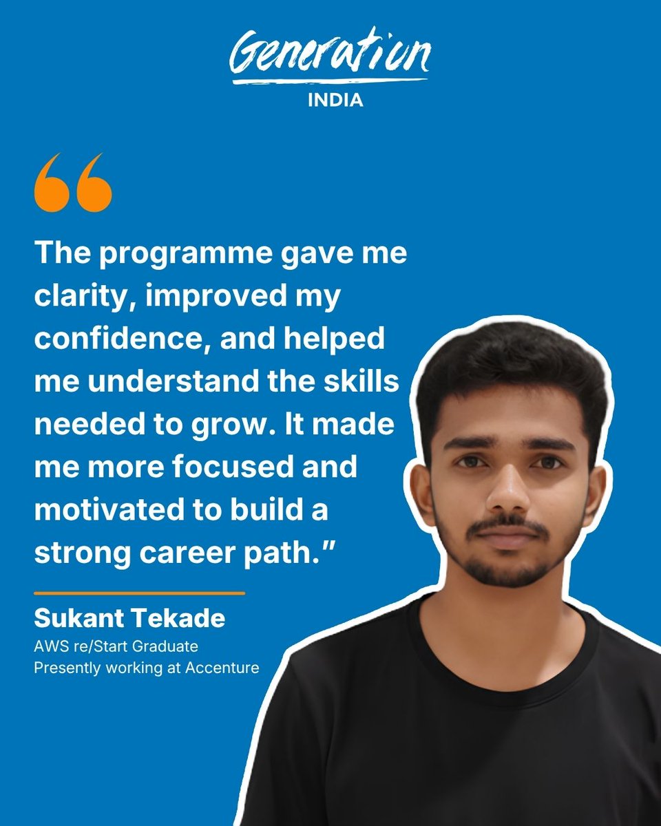 generationindia's tweet photo. Through Generation India’s AWS re/Start programme, Sukant strengthened his technical skills, earned an AWS certification, and built the confidence to pursue opportunities in the cloud domain. https://t.co/vI1F3hBywA