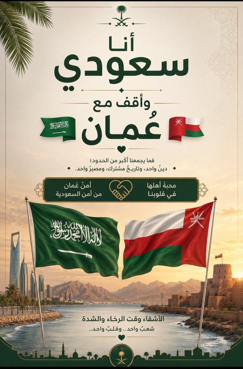 Alm99drAlawalll's tweet photo. أنا سعودي🇸🇦، وأقف مع عُمان 🇸🇦🤝🇴🇲
فما يجمعنا أكبر من الحدود؛
دينٌ واحد، وتاريخٌ مشترك، ومصيرٌ واحد.
أمنُ عُمان من أمنِ السعودية، ومحبةُ أهلها في قلوبنا
#السعوديه_العظمى 🇸🇦 https://t.co/sCwpYeKNYv