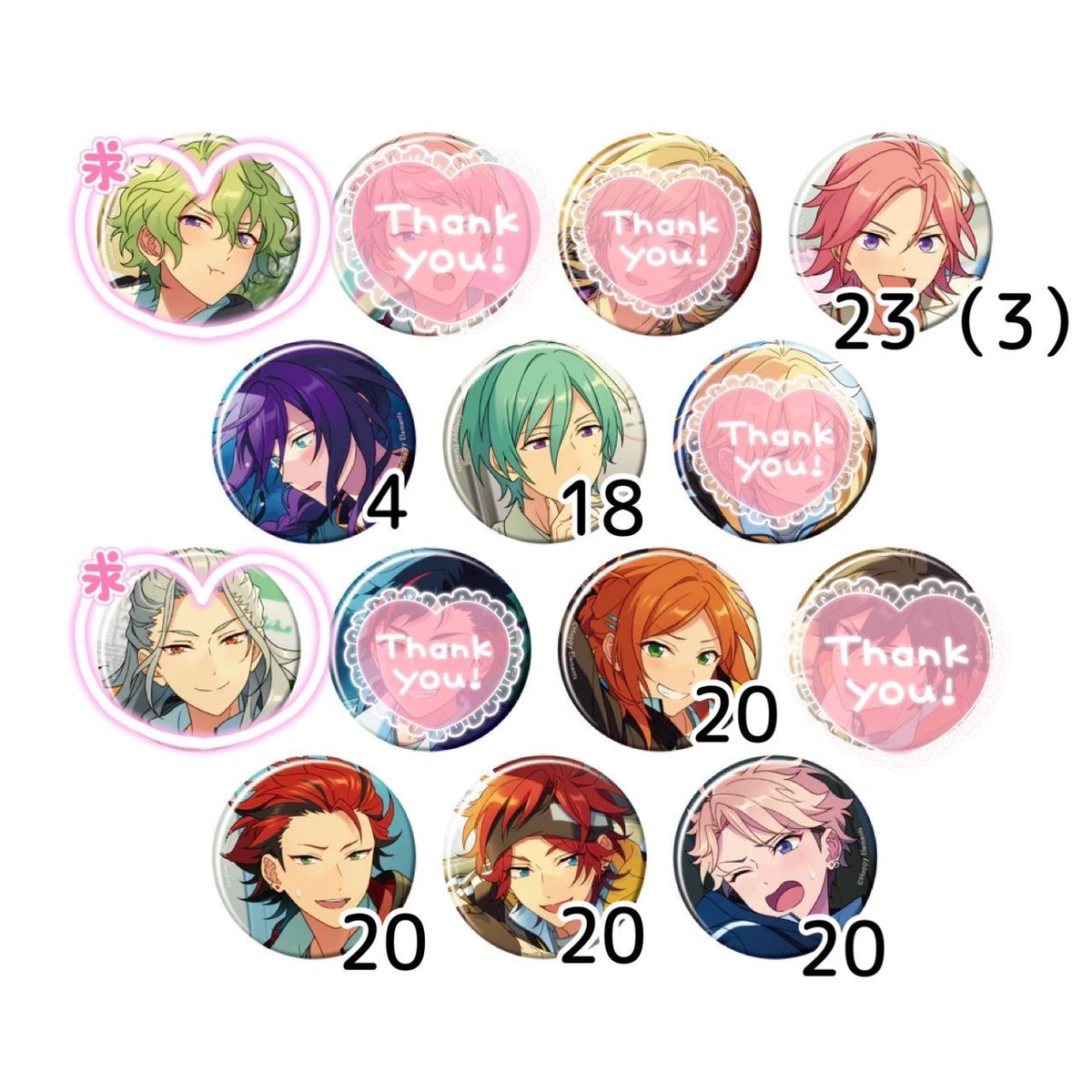 siltok's tweet photo. 【交換・譲渡】
あんスタ　コレクション缶バッジ　Feb
casual20箱

譲:こはく23.マヨイ6.巽18.ゆうた.紅郎.燐音.嵐各20

求:c>i日和.凪砂、i燐音1、異種凪砂.日和
定価+送料

i凪砂は星4と交換。
星4は220円でお譲りできます。
（）は再交換分 https://t.co/8xhr6jj9JV
