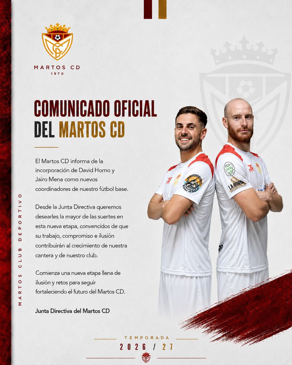MartosClubDptv's tweet photo. 𝗢𝗙𝗜𝗖𝗜𝗔𝗟

¡Jairo Mena y David Horno asumen la coordinación del fútbol formativo del Martos Club Deportivo!

¡Enhorabuena chicos! https://t.co/QsbvIr7ixp