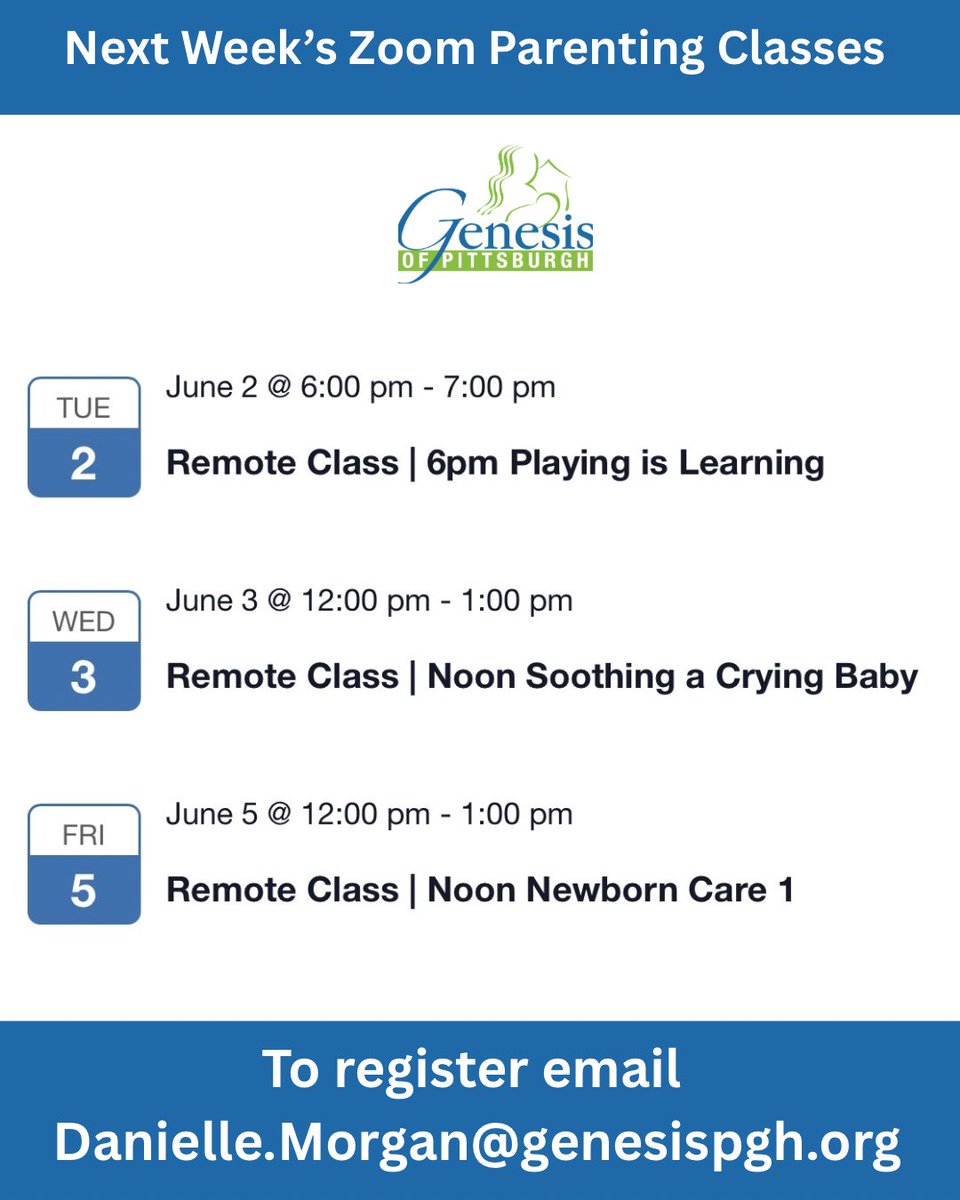 GenesisPgh's tweet photo. Join us next week for FREE virtual parenting classes! Connect with other parents and learn helpful parenting tools, all from the comfort of home.
Contact us to register at Danielle.morgan@genesispgh.org
#ParentingSupport #FreeParentingClasses #GenesisofPittsburgh https://t.co/ZMDLBRgKM7