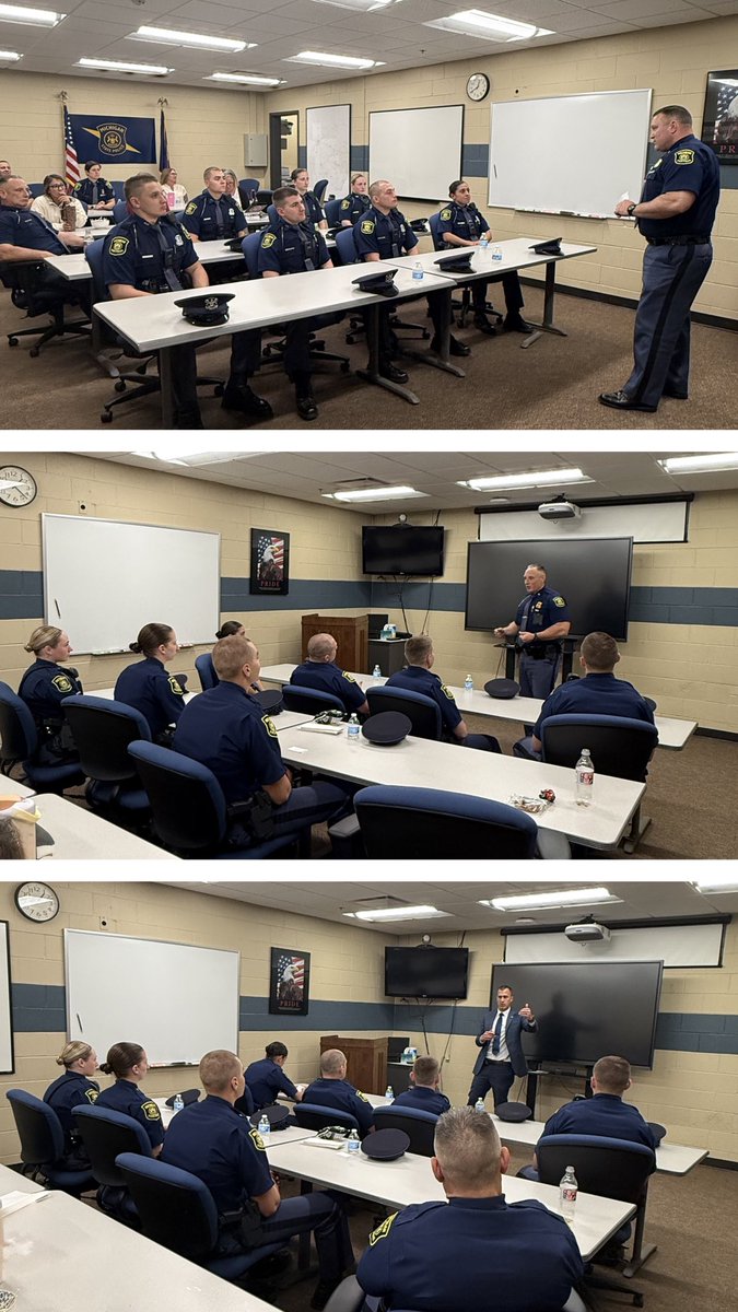 MSPFirstDist's tweet photo. This week probationary troopers from the 150th Trooper Recruit School attended the First District Meet and Greet. The troopers met with District Commander, Capt. Barry Schrader and Assistant District Commander, Insp. Mike Sura, along with other sections of the district, about district goals, expectations, and what is available to them to help them succeed.