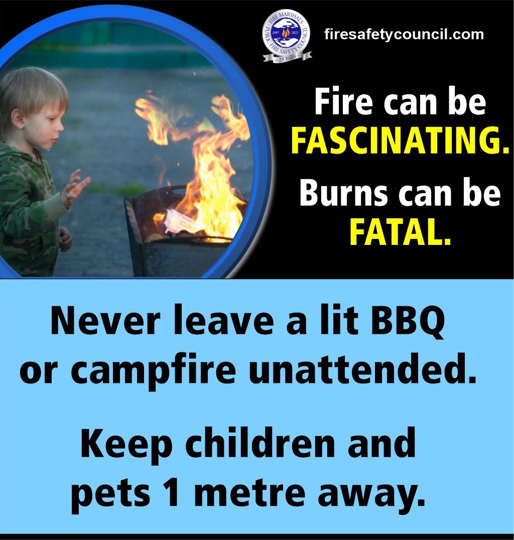 FMPFSC's tweet photo. Fire can be mesmerizing to children, yet it poses significant risks.

Never leave a lit BBQ or campfire unattended, and always keep children and pets at least 1 metre away from open flames. A few precautions can prevent serious injuries and keep everyone safe this season. 🚒🔥 https://t.co/Ja4lRZeMhb
