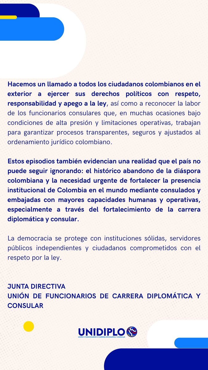 unidiplo's tweet photo. #ComunicadoUNIDIPLO ante los recientes hechos ocurridos en la jornada electoral en consulados en el exterior. #EleccionesColombia2026 https://t.co/0ivhIdT8xe
