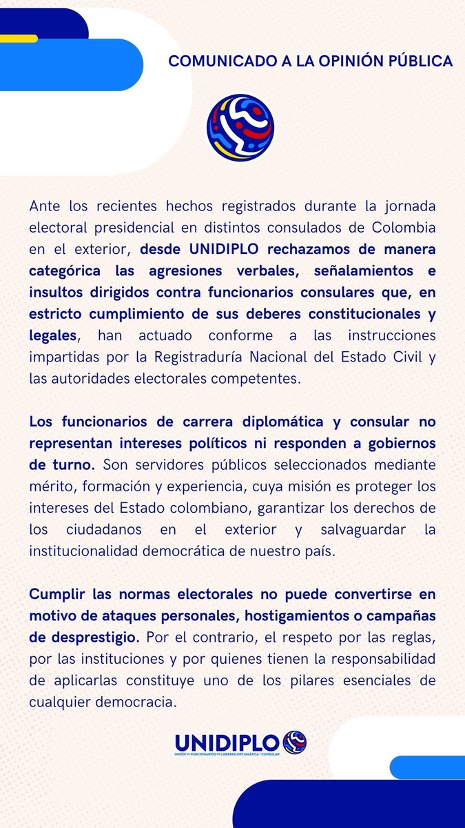 unidiplo's tweet photo. #ComunicadoUNIDIPLO ante los recientes hechos ocurridos en la jornada electoral en consulados en el exterior. #EleccionesColombia2026 https://t.co/0ivhIdT8xe