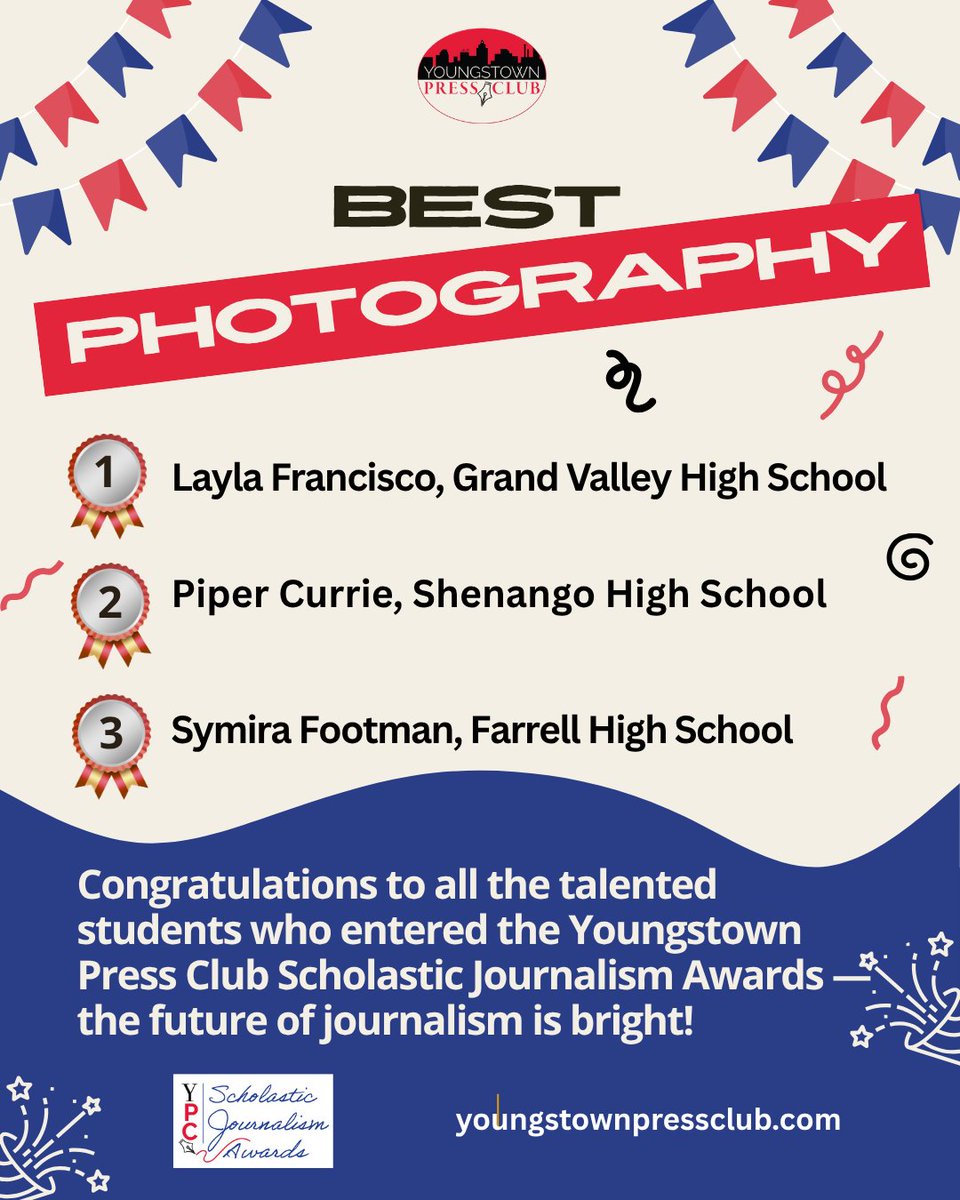 PressClubYo's tweet photo. 📸 Congratulations to these photographers who took honors in the Scholastic Journalism Awards!
Layla Francisco, Grand Valley-1st $100
Piper Currie, Shenango-2nd $50
Symira Footman, Farrell-3rd $25
The Anderson Program of Journalism at YSU sponsored photo category prizes.
👏 https://t.co/Nf6DoZXN5P