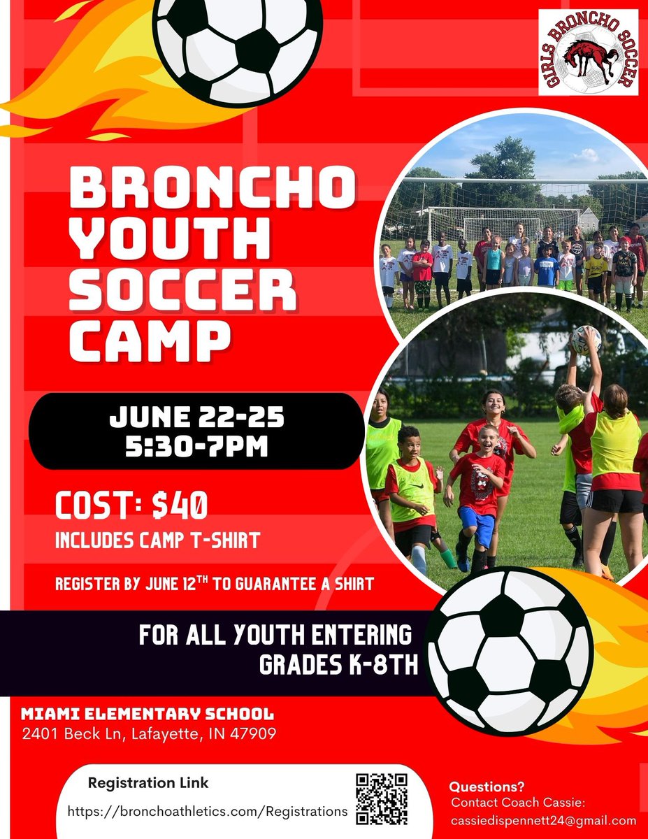 Broncho_GSoccer's tweet photo. It’s that time of year again. Come have fun with the girls soccer team and learn some soccer fundamentals. Make sure you register by June 12th to guarantee a T-shirt! @JeffAthletics https://t.co/u4Ndw9wlHx