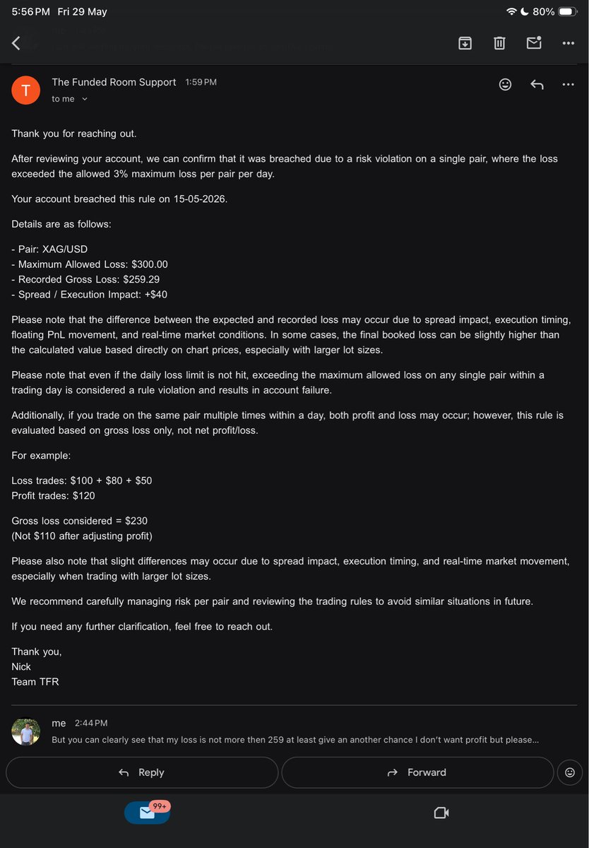 Rohit_rajput005's tweet photo. @thefundedroom @thetraderoom_   Kis logic ke hisab se mera account breach kr dyiea sir. Total loss he 259 hai fir v breach kr Diya aap logo nai account 121986 https://t.co/OLYgXFGRbC