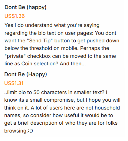 xmr_chat's tweet photo. Thank you Dont Be (happy) for the tips and great suggestions! We will be implementing bios and tweaking the tip page to make better use of limited space soon. https://t.co/gF0UB8RoHT
