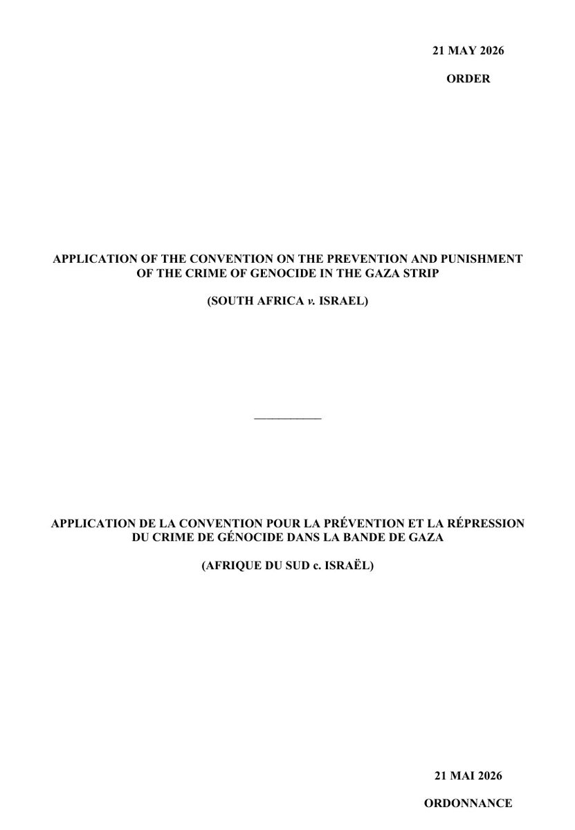 CIJ_ICJ's tweet photo. NOUVELLE : par ordonnance du 21 mai 2026, la #CIJ a prescrit la présentation d’une réplique et d’une duplique en l'affaire relative à l'Application de la convention pour la prévention et la répression du crime de génocide dans la bande de Gaza ...(1/2) https://t.co/JWIKoSYrsz
