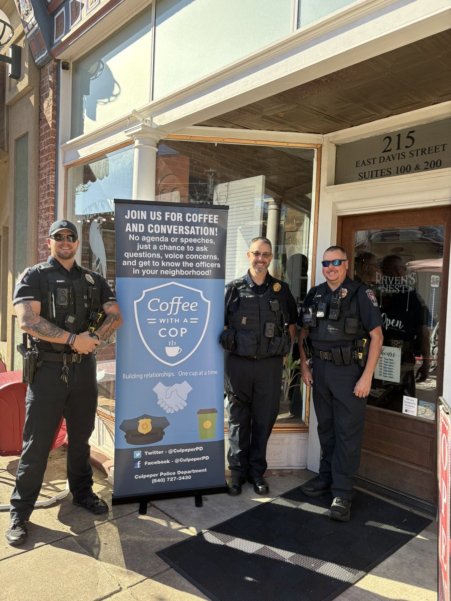CulpeperPD's tweet photo. We are here for #CoffeeWithCops at Raven's Nest! No agendas or speeches. Just a chance to get to know us and have some coffee to start the day! We will be here from 8:30 a.m. to 10:30 a.m!

Event Details: https://t.co/tfUb8IliFX https://t.co/0TvZg3JKHg