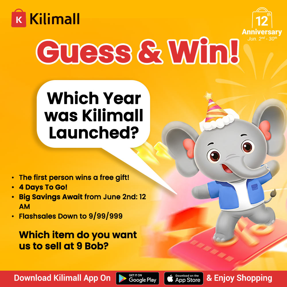 Kilimall's tweet photo. Guess & Win!🎁
✅Which year was Kilimall launched?
✅The first person wins a free gift!
4 Days To Go!>> https://t.co/xgzkuppKic 🥳
Big Savings Await from June 2nd: 12 AM
Flash sales Down to 9/99/999
Which item do you want us to sell at 9 Bob?
Download the Kilimall app from play store or app store and enjoy affordable shopping today 💛
#Kilimall12thAnniversary #SneakPeek #ComingSoon #MegaDeals #kilimall