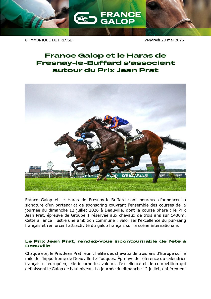 francegalop's tweet photo. 📣 𝗖𝗼𝗺𝗺𝘂𝗻𝗶𝗾𝘂𝗲́ 𝗱𝗲 𝗽𝗿𝗲𝘀𝘀𝗲 :  France Galop et le Haras de Fresnay-le-Buffard s’associent autour du Prix Jean Prat↩️
Plus d'infos sur : https://t.co/cYm2fwmhvo https://t.co/LuLU9WdllW