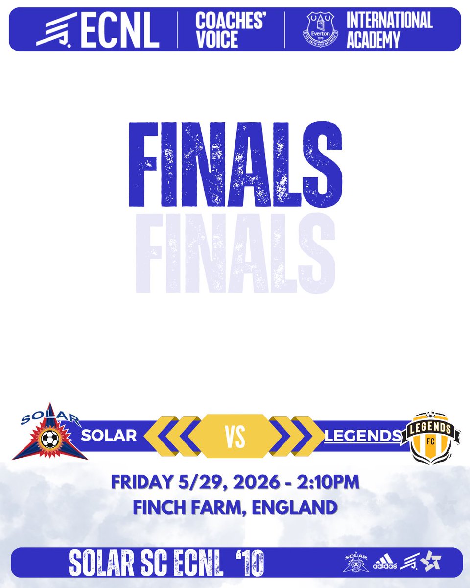 Solar10ECNL's tweet photo. Finals!

🗓 Friday, 5/29
🏟 Finch Farm, Liverpool England 
🆚️ Legends FC ECNL
 ⏰️ 2:10 PM
📺 https://t.co/GKFcDxLhUG

@ECNLgirls 
@TopDrawerSoccer @PrepSoccer @SolarSoccerClub @ImYouthSoccer @TheSoccerWire @PrepSoccerTX
@CoachesVoice https://t.co/gAz7dnPCzf