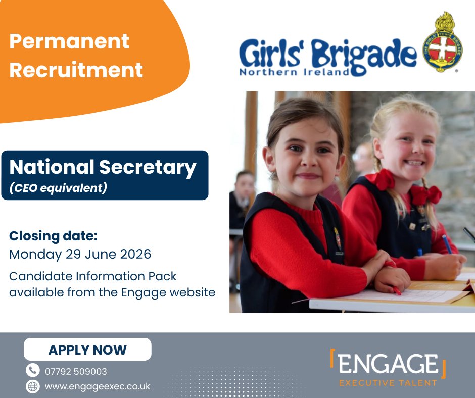 engageexec's tweet photo. 🔔Recruiting for National Secretary (CEO)
👉Download info pack 🔗 https://t.co/wKQyXoVHGt
This recruitment campaign is being managed exclusively by Engage on behalf of Girls' Brigade Northern Ireland
@GBNI https://t.co/26Ef6ecoOn
