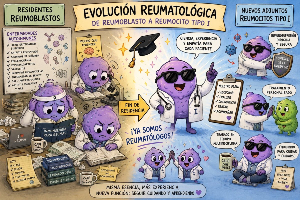 reumacia's tweet photo. Enhorabuena a todos los residentes de Reumatología que hoy terminan su residencia 🧑🏻‍🎓 y se convierten en adjuntos 👩🏻‍⚕️ 

Reumoblastos ➡️ Reumocitos tipo I

La verdadera aventura empieza ahora 😎 https://t.co/AEKWp2UkHn