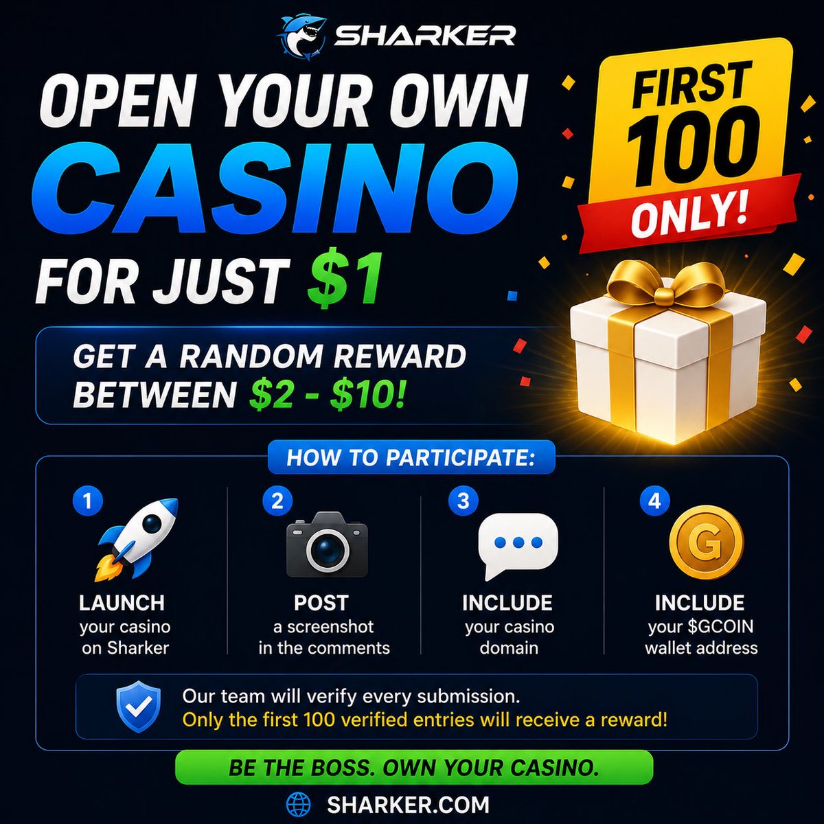 Sharker_com's tweet photo. 🚨 FIRST 100 ONLY 🚨

Open your own casino for just $1 and get rewarded. 💸

How to participate:

✅ Launch your casino on Sharker
✅ Post a screenshot in the comments
✅ Include your casino domain
✅ Include your $GCOIN wallet address

Our team will verify every submission.

🎁 Receive a random reward between $2-$10 for every verified entry.

Why be a player when you can be the boss? 🦈

Launch now: https://t.co/X7TbaEw6iw

⏳ Limited to the first 100 verified participants.