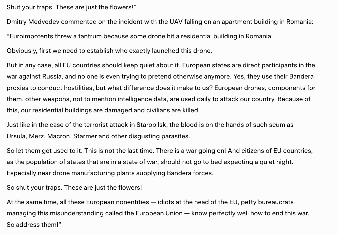 wartranslated's tweet photo. Medvedev commented on the Russian drone strike that hit an apartment building in Romania, telling Europeans to "shut up" because it's "just the beginning" and openly promising such strikes will continue. https://t.co/MxoUhkfpG2