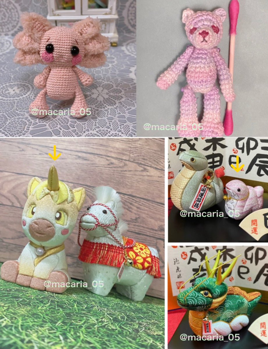 macaria_05's tweet photo. 6年間のあみぐるみから、透かし編み、編み込み模様のニット、木目込み人形、刺繍等完成したもの一覧

日々心を込めて編み上げています🧶✨

私の写真の中にイロチで夫の作品が1部有、黄色の矢印が夫作

#編み物 #編むプロフ #夫婦で編み物 #Crochet #Knitting  #かぎ針編み #棒針編み  #輪針編み https://t.co/7E5tCVw1oj