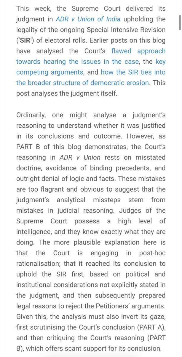 gautambhatia88's tweet photo. “But maybe that was the plan all along, to put the cockroaches in their place.” 

New blog post: on the SIR judgment, by Vasudev Devadasan. 

[Link in tweet below.] https://t.co/M8vjKdcy0n