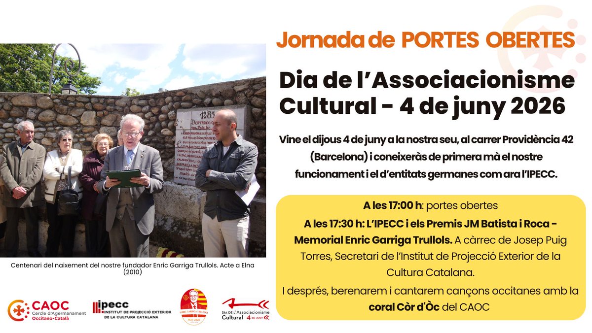 CAOC_'s tweet photo. 🙌Dijous, 4 de juny, celebrarem la jornada de portes obertes al CAOC:

🔹 17.00 h: Portes obertes 
🔹 17.30 h: L’IPECC i els Premis JM Batista i Roca -Memorial Enric Garriga Trullols. A càrrec de Josep Puig, Secretari de l’IPECC

💥T’ho perdràs?🥳

#DASC2026 https://t.co/TaoiGiJjv3