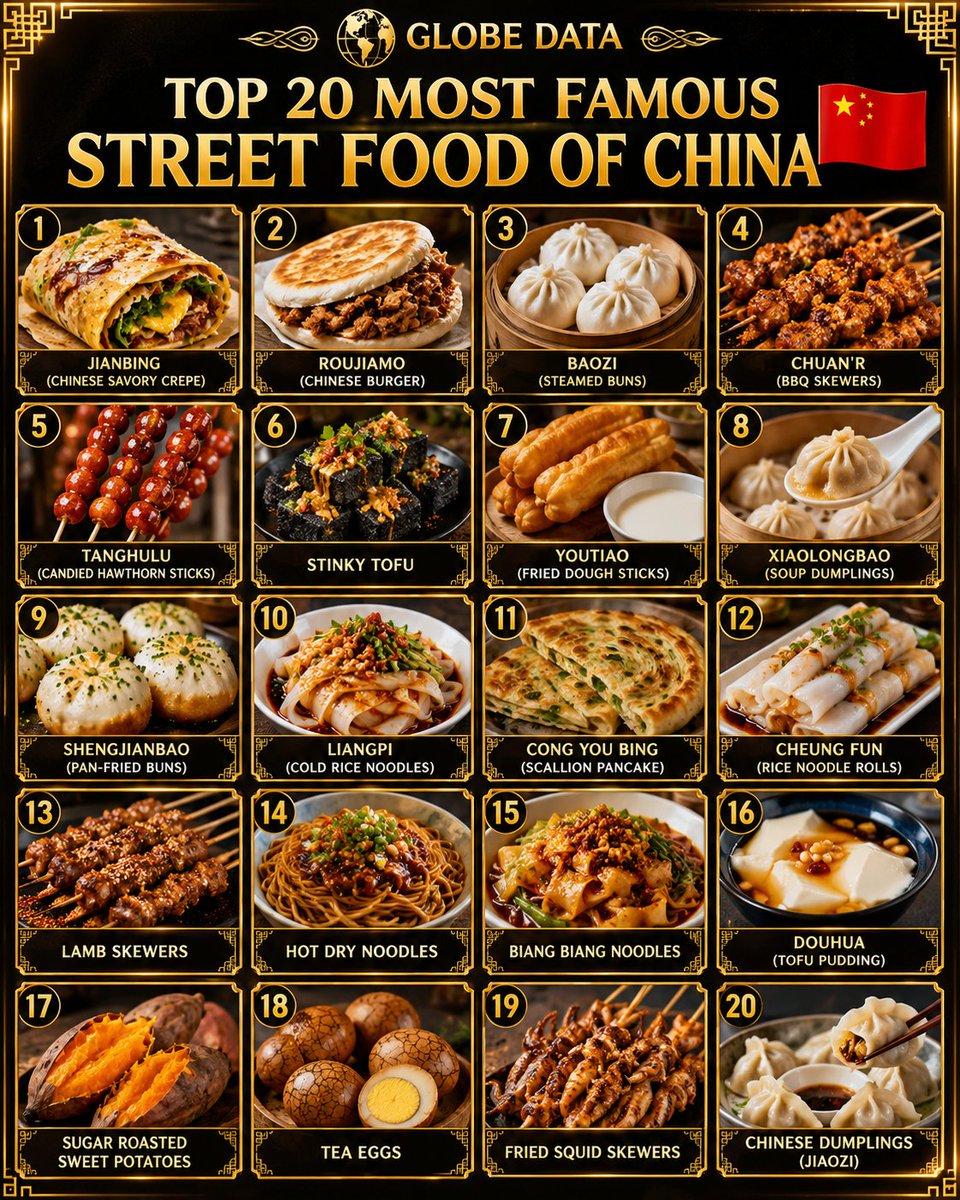data_globe's tweet photo. 🌍 Top 20 Most Famous Street Foods of China 🇨🇳

🇨🇳 Jianbing
🇨🇳 Roujiamo (Chinese Burger)
🇨🇳 Baozi (Steamed Buns)
🇨🇳 Chuan’r (BBQ Skewers)
🇨🇳 Tanghulu
🇨🇳 Stinky Tofu
🇨🇳 Youtiao
🇨🇳 Xiaolongbao
🇨🇳 Shengjianbao
🇨🇳 Liangpi
🇨🇳 Cong You Bing 
🇨🇳 Cheung Fun
🇨🇳 Lamb Skewers
🇨🇳 Hot Dry Noodles
🇨🇳 Biang Biang Noodles
🇨🇳 Douhua (Tofu Pudding)
🇨🇳 Sugar Roasted Sweet Potatoes
🇨🇳 Tea Eggs
🇨🇳 Fried Squid Skewers
🇨🇳 Chinese Dumplings (Jiaozi)