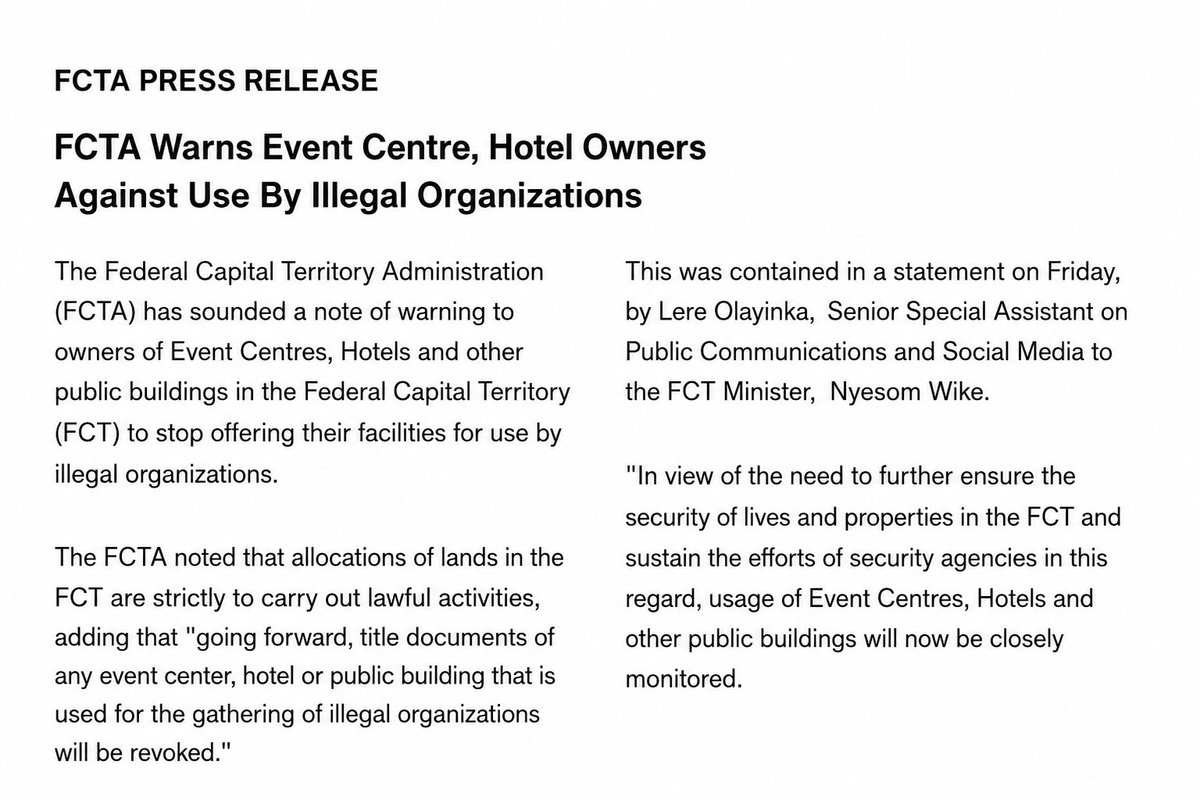 G_BloggerX's tweet photo. FCTA PRESS RELEASE!

FCTA WARNS EVENT CENTRE, HOTEL OWNERS AGAINST USE BY ILLEGAL ORGANIZATIONS. https://t.co/gczU2DLPcd
