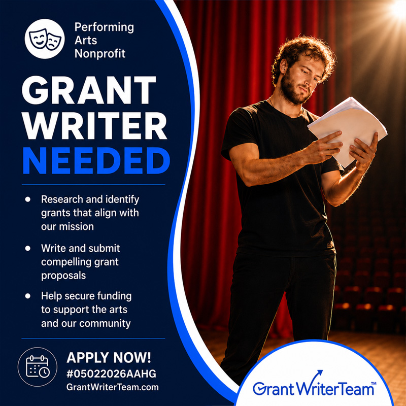 GrantWriterTeam's tweet photo. 🎭 Performing arts nonprofit seeking an experienced grant writer. Help secure funding for a future theatre venue &amp; community programming ✨
📌 Ad #05022026AAHG
 ⏰Closing: 05/30/2026
🎟️ Arts grants + capital funding experience preferred!
⭐ Apply today!
 https://t.co/VKqjHEPjSY https://t.co/Y7gNr7Rv3X