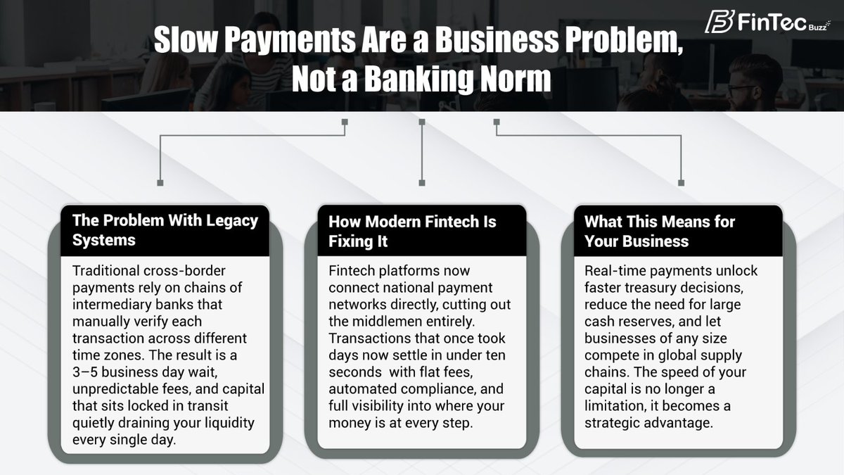 FintecBuzz's tweet photo. Slow cross-border payments lock up liquidity and delay business decisions. Modern fintech platforms enable near real-time global settlements with lower costs, visibility, and faster treasury agility. 

#GlobalPayments #FinTech #Banking https://t.co/OHpxPdYdhh