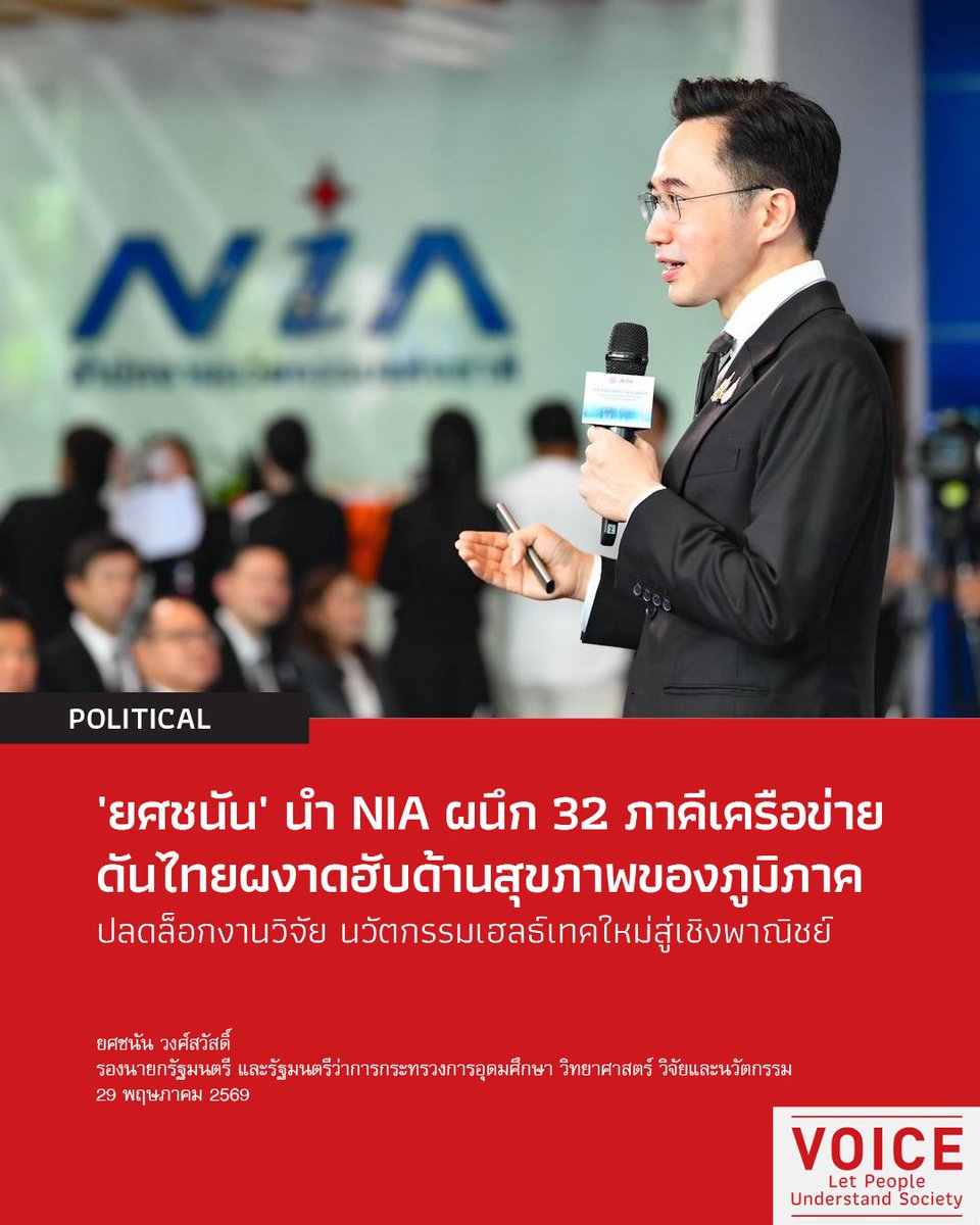 VoiceTVOfficial's tweet photo. 📌'ยศชนัน' นำทัพ NIA ผนึก 32 ภาคีเครือข่าย ยกระดับนวัตกรรมแพทย์และสุขภาพไทยครบวงจร  ดันไทยผงาดฮับด้านสุขภาพของภูมิภาค
.
วันที่ 29 พฤษภาคม 2569 ศ.ดร.ยศชนัน วงศ์สวัสดิ์ รองนายกรัฐมนตรี และรัฐมนตรีว่าการกระทรวงการอุดมศึกษา วิทยาศาสตร์ วิจัยและนวัตกรรม (อว.) เป็นสักขีพยานในพิธีลงนามบันทึกความร่วมมือ (MOU) ว่าด้วยการพัฒนาโครงการนวัตกรรมทางการแพทย์และสุขภาพให้เติบโตอย่างยั่งยืน ระหว่าง สำนักงานนวัตกรรมแห่งชาติ (องค์การมหาชน) หรือ NIA ร่วมกับ 32 ภาคีเครือข่ายด้านการแพทย์ สุขภาพ และเวลเนส เพื่อเดินหน้าสร้างระบบนิเวศนวัตกรรมการแพทย์แบบครบวงจร เชื่อมโยงงานวิจัย โรงพยาบาล นักลงทุน และภาคเอกชน พร้อมทั้งกล่าวปาฐกถาพิเศษในหัวข้อ “การพัฒนาธุรกิจนวัตกรรมทางการแพทย์และสุขภาพของประเทศไทยให้เติบโตอย่างยั่งยืน”
.
ศ.ดร.ยศชนัน กล่าวว่า การขับเคลื่อนประเทศไปข้างหน้าต้องอาศัยกลไกการสร้างการเติบโตทางเศรษฐกิจที่ขับเคลื่อนด้วยนวัตกรรม ซึ่งประเทศไทยมีข้อได้เปรียบและศักยภาพสูงในการก้าวขึ้นเป็นศูนย์กลางด้านนวัตกรรมทางการแพทย์และสุขภาพ เนื่องจากเรามีความแข็งแกร่งด้านบริการทางการแพทย์ที่ได้รับการยอมรับระดับสากล มีความหลากหลายทางชีวภาพ และมีทุนทางวัฒนธรรมที่จะดึงดูดชาวต่างชาติให้เข้ามาใช้บริการ โดยปัจจัยสำคัญที่จะทำให้ก้าวไปสู่จุดนั้นได้ คือการตั้งโจทย์วิจัยที่ตอบโจทย์ตลาด การพัฒนานวัตกรรมไม่สามารถทำสำเร็จได้ด้วยตัวคนเดียว แต่ต้องอาศัยการรวมกลุ่มและสร้างระบบนิเวศทางนวัตกรรม (Innovation Ecosystem) ที่เชื่อมโยงการทำงานร่วมกันระหว่างภาครัฐ มหาวิทยาลัย โรงพยาบาล และภาคเอกชน โดยมีผู้ประกอบการเป็นกลไกสำคัญในการขับเคลื่อนผลงานวิจัยไปสู่การใช้ประโยชน์จริง
.
ศ.ดร.ยศชนัน กล่าวต่อว่า การยกระดับอุตสาหกรรมทางการแพทย์ยังต้องการการสนับสนุนโครงสร้างพื้นฐานตลอดห่วงโซ่คุณค่า (Value Chain) ตั้งแต่ต้นน้ำถึงปลายน้ำ โดยเริ่มจากการเข้าถึงแหล่งทุน ทั้งจากภาครัฐ และหน่วยทุนในรูปแบบต่าง ๆ ทั้งในและต่างประเทศ รวมทั้งยกระดับโครงสร้างพื้นฐานด้านการวิจัยและการทดสอบ โดยเฉพาะมาตรฐานห้องปฏิบัติการ การสนับสนุนกระบวนการทดสอบทางคลินิก ไปจนถึงการจดสิทธิบัตร และการปรับปรุงกฎระเบียบต่าง ๆ ให้เอื้อต่อการพัฒนานวัตกรรม นอกจากนี้ ยังต้องผลักดันการสร้างพื้นที่ทดสอบ (Sandbox) และการเปิดโอกาสให้ภาครัฐและหน่วยงานที่เกี่ยวข้องมีโอกาสในการนำนวัตกรรมและเครื่องมือแพทย์ของไทยได้มาใช้งานจริงในประเทศ เพื่อสร้างความน่าเชื่อถือก่อนขยายผลสู่ตลาดโลกต่อไป
.
“ความร่วมมือของภาคีเครือข่ายในวันนี้ ถือเป็นก้าวสำคัญที่จะช่วยเปิดโอกาสให้ผู้ประกอบการและนักวิจัยไทยได้มีพื้นที่ในการพัฒนา แลกเปลี่ยนองค์ความรู้ และต่อยอดธุรกิจร่วมกับนักลงทุนทั้งในและต่างประเทศ เพื่อสร้างรากฐานด้านสาธารณสุขที่ยั่งยืน พึ่งพาตนเองได้ และยกระดับคุณภาพชีวิตของคนไทยอย่างแท้จริง” ศ.ดร.ยศชนัน กล่าว
.
ทั้งนี้ พิธีลงนามบันทึกความร่วมมือดังกล่าว NIA ได้รับความร่วมมือจาก 32 หน่วยงานภาคีเครือข่าย ครอบคลุมทั้งหน่วยงานภาครัฐ สถาบันการศึกษา สถานพยาบาลเอกชน และสมาคมและองค์กรภาคเอกชนประกอบด้วย กรมการแพทย์ กรมควบคุมโรค กรุงเทพมหานคร สถาบันวิจัยระบบสาธารณสุข สำนักงานคณะกรรมการ ส่งเสริมวิทยาศาสตร์ วิจัยและนวัตกรรม (สกสว.) สำนักงานคณะกรรมการอาหารและยา (อย.) สำนักงานเทคโนโลยีและนวัตกรรมด้านชีววิทยาศาสตร์ (องค์การมหาชน) หรือ TILSNA สำนักงานพัฒนาวิทยาศาสตร์และเทคโนโลยีแห่งชาติ (สวทช.) สำนักงานมาตรฐานผลิตภัณฑ์อุตสาหกรรม (สมอ.) สำนักงานเร่งรัดการวิจัยและนวัตกรรมเพื่อเพิ่มความสามารถในการแข่งขันและการพัฒนาพื้นที่ (องค์การมหาชน) สำนักงานหลักประกันสุขภาพแห่งชาติ (สปสช.) จุฬาลงกรณ์มหาวิทยาลัยมหาวิทยาลัยมหิดล มหาวิทยาลัยธรรมศาสตร์ มหาวิทยาลัยเชียงใหม่ มหาวิทยาลัยขอนแก่น มหาวิทยาลัยสงขลานครินทร์มหาวิทยาลัยเกษตรศาสตร์ มหาวิทยาลัยศรีนครินทรวิโรฒ มหาวิทยาลัยนวมินทราธิราช และสถาบันเทคโนโลยีพระจอมเกล้าเจ้าคุณทหารลาดกระบัง บริษัท กรุงเทพดุสิตเวชการ จำกัด (มหาชน) บริษัท ธนบุรี เฮลท์แคร์ กรุ๊ป จำกัด (มหาชน) บริษัท โรงพยาบาลบำรุงราษฎร์ จำกัด (มหาชน) บริษัท โรงพยาบาลพระรามเก้า จำกัด (มหาชน) บริษัท โรงพยาบาลรามคำแหง จำกัด (มหาชน) ชีวาศรม สภาอุตสาหกรรมแห่งประเทศไทย สมาคมการค้าสตาร์ทอัพไทย สมาคมไทยผู้ประกอบ ธุรกิจเงินร่วมลงทุน สมาคมเฮลท์เทคไทย และสภาดิจิทัลเพื่อเศรษฐกิจและสังคมแห่งประเทศไทย
https://t.co/HtEy6l5xpn
#Voice #NIA #ยศชนันวงศ์สวัสดิ์ #กระทรวงการอุดมศึกษาวิทยาศาสตร์วิจัยและนวัตกรรม #MedicalInnovationHub