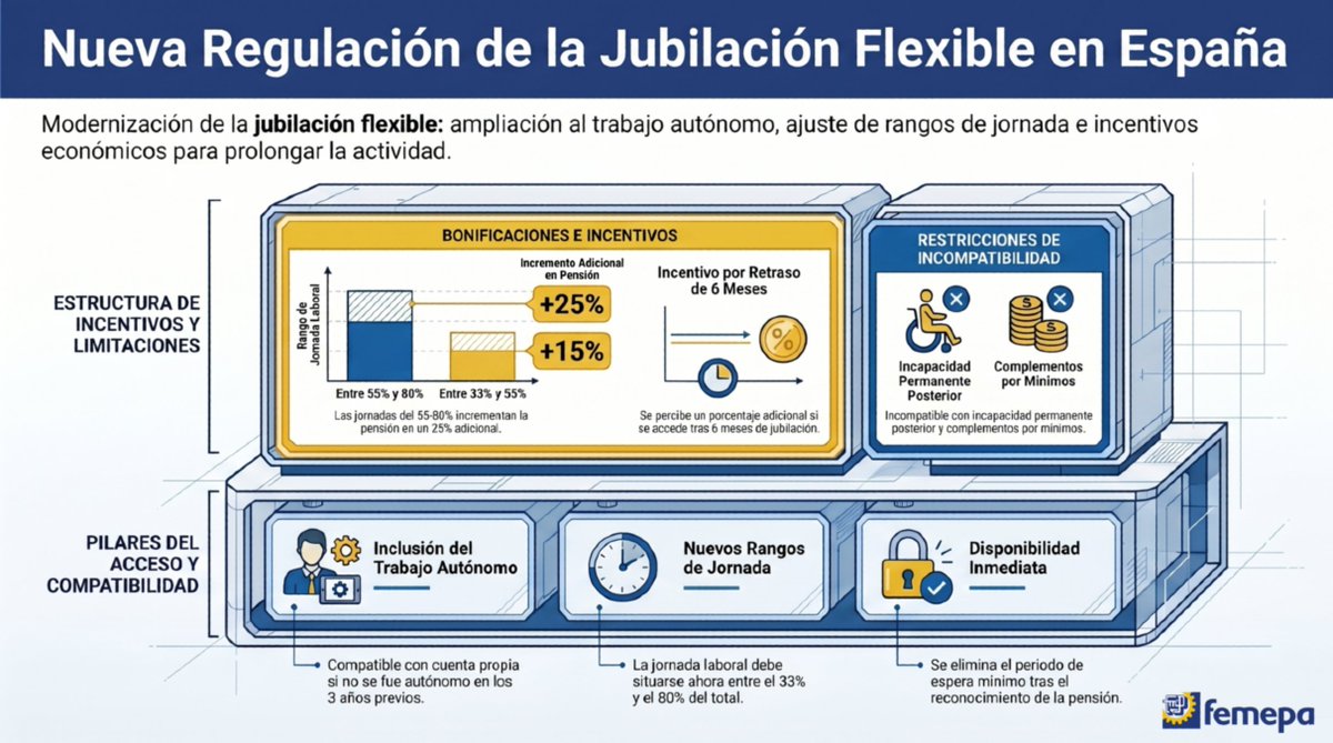 FEMEPA_LP's tweet photo. 📢 Nuevo Real Decreto sobre jubilación flexible y compatibilidad entre pensión y trabajo

El Consejo de Ministros ha aprobado una nueva regulación que actualiza el marco de la jubilación flexible y su compatibilidad con la actividad laboral.

🧵👇 https://t.co/ADZiey7hIW