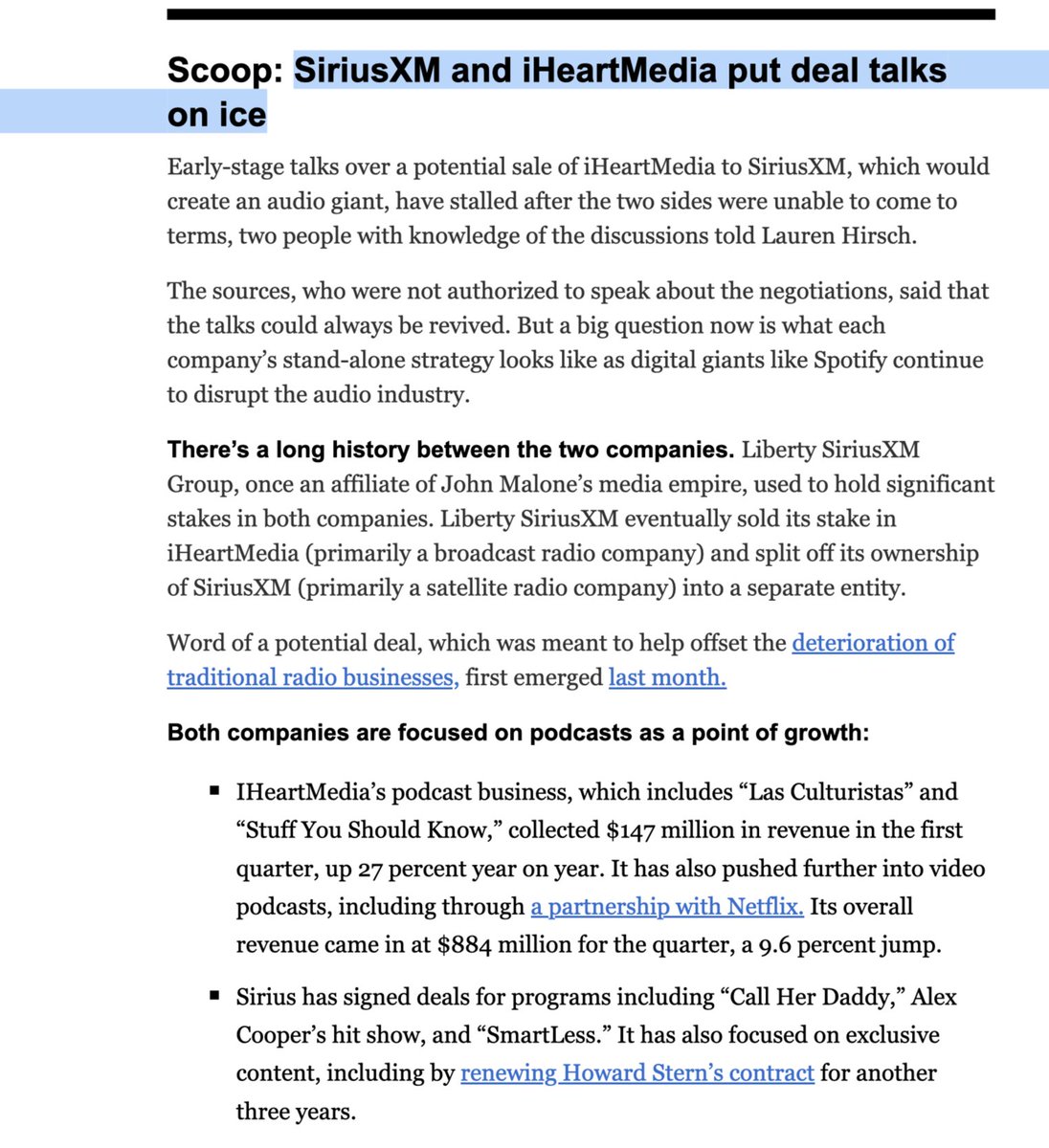garyHeff's tweet photo. SiriusXM and iHeartMedia put deal talks on ice h/t @dealbook @LaurenSHirsch 

$SIRI  $IHRT https://t.co/GSf2pedd19