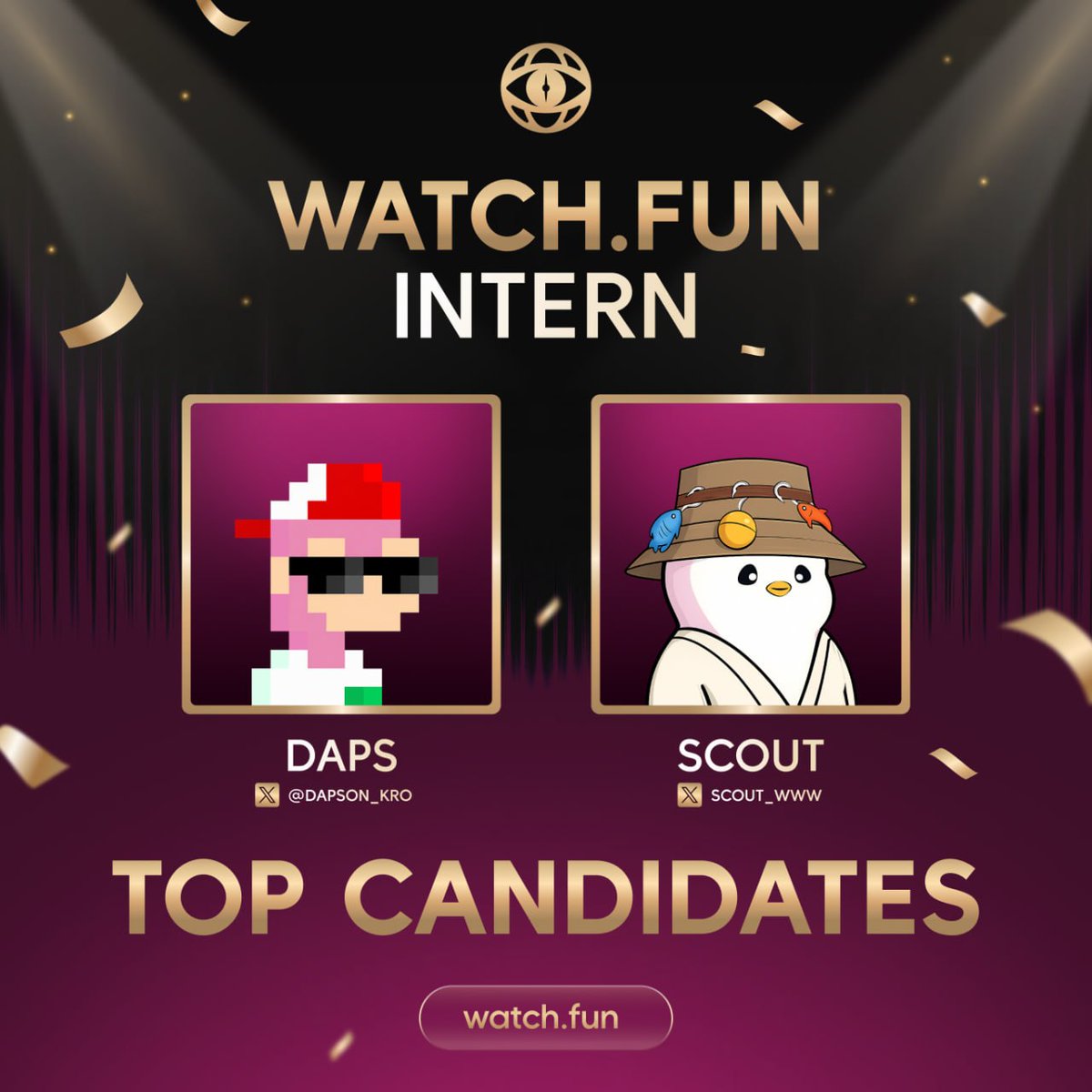 watchdotfun's tweet photo. Picking one intern meant turning away some seriously talented people. So before we announce, we want to shine a light on the ones who made this hard.

A huge thanks to our two top contenders @dapson_kro and @scout_www. 

Both brought real skill, hustle, and @Solana native instincts to the table. If you're building in the ecosystem and looking for an intern, hire these two. You won't regret it.
