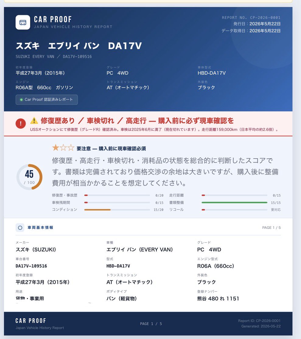carproof_jp's tweet photo. 車台番号をLINEで送るだけで、過去の履歴を画像のようにまるごと可視化。誰にも気を使わず、5,000円で最高の安心が手に入ります。
#中古車　#車　#車購入 https://t.co/Gb16VOM0MH