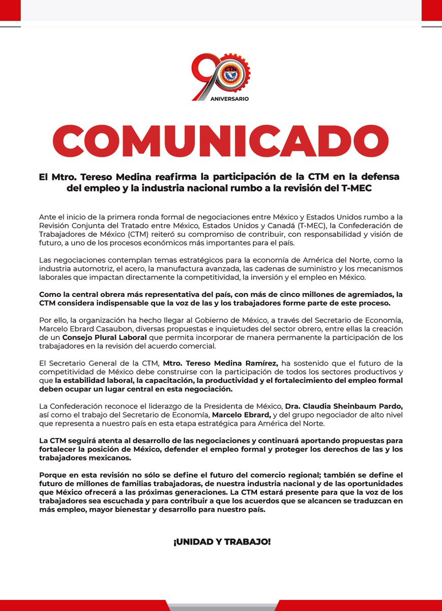 CTM_MX's tweet photo. 🇲🇽🤝 Ante el inicio de las rondas de negociaciones bilaterales entre México y Estados Unidos rumbo a la Revisión Conjunta del T-MEC, la @CTM_MX comunica: https://t.co/0WZHJESY7g