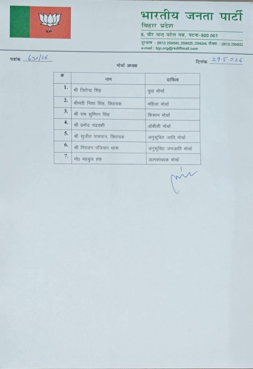 dprakashbjp's tweet photo. भाजपा बिहार के सभी नवनियुक्त प्रदेश पदाधिकारियों और मोर्चा अध्यक्षों को हार्दिक बधाई एवं शुभकामनाएं। https://t.co/EzE5slTZUc