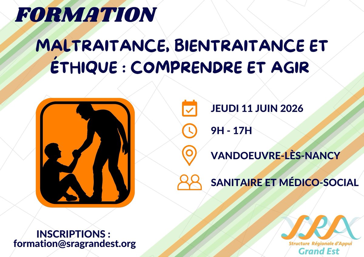 SRA_Grand_Est's tweet photo. 📢 Formation SRA Grand Est : « Maltraitance, bientraitance &amp; éthique : comprendre et agir »
📅 11/06/2026 | 9h-17h | Vandœuvre-lès-Nancy
✅ Objectifs : repérer, agir, mobiliser vos équipes
ℹ️ formation@sragrandest.org https://t.co/IwgqVGWwLQ