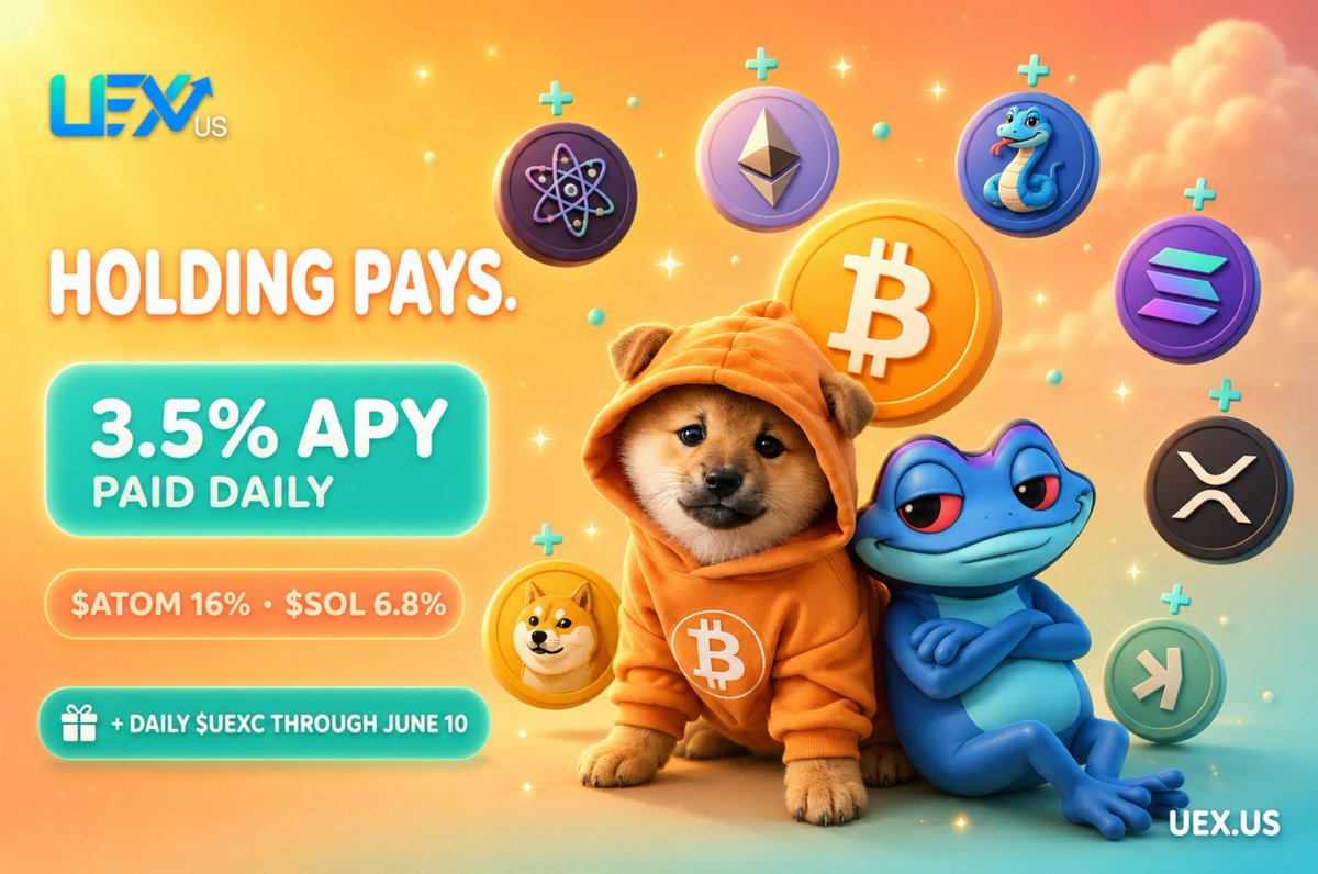 uex_us's tweet photo. On https://t.co/tENlDZyZmC, every coin you hold earns daily. Just hold, and your balance grows with our flexible Savings Program.

$BTC, $ETH, $XRP, $KAS, $SNEK, $DOG and 100+ other assets earn 3.5% APY. Fiat balances earn up to 5% APY as Savings Rewards, added daily on top of your balance.

A few assets earn more: $ATOM up to 16%, $SOL up to 6.8% APY.

And through June 10, every account also earns daily $UEXC from @uexctoken project rewards on top of all that.

No tricky conditions. No minimums. Paid daily.

https://t.co/EUZcNpAqAZ - holding pays.
