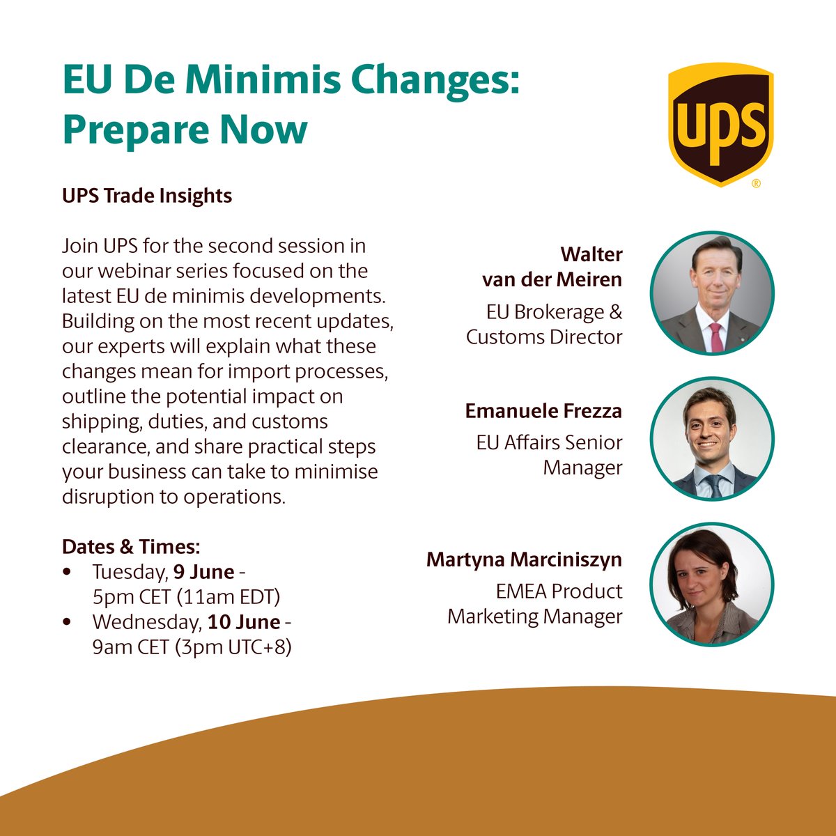 UPS_Canada's tweet photo. 📢 EU de minimis rules are changing in July, are you prepared?

Join the UPS webinar on June 9 to learn how these updates impact imports, duties &amp; customs processes.

🗓️June 9 | 11 AM EDT
🔗Save your seat today: https://t.co/H9ATiBfyRs

#GlobalTrade #Supplychain #Webinar https://t.co/c0zcjXZ1as