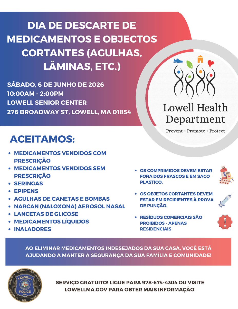 LowellPD's tweet photo. Unwanted Medication and Sharps Disposal Day 💊

📆 Saturday, June 6th

⏰ 10:00 a.m. - 2:00 p.m. 

📍 Lowell Senior Center (276 Broadway Street Lowell, MA)

For more information, please visit https://t.co/56gdJHmEHW or call 978-674-4304. 

LPD6 https://t.co/acPWYCdOuy
