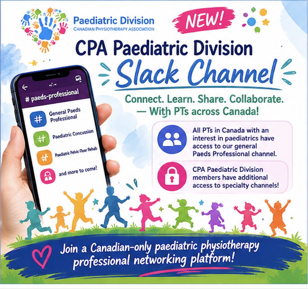 PaedDivCPA's tweet photo. 🚨 New National Networking Opportunity for Paediatric PTs Across Canada! 🚨

The CPA Paediatric Division has created a Slack channel for physiotherapists across Canada to learn, share, collaborate, and connect with colleagues working in paediatrics.
https://t.co/wVA99VqGCX https://t.co/NomUJVYIQi