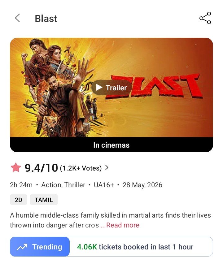 ElangoE83260100's tweet photo. Heavy ticket rush  everywhere for #Blast 🔥

4K+ ticket sold out in single hour on BMS! 🤯💥

#BlastMovie https://t.co/V9rkpUpY59