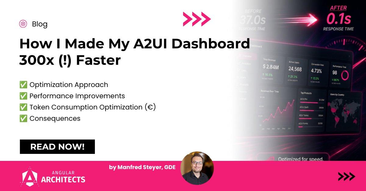 ManfredSteyer's tweet photo. My dynamic LLM-powered A2UI dashboard is now 300x faster — and uses 30x fewer tokens.

In my new blog article, I explain how I achieved this.

👇 See first comment https://t.co/IejNoFnvrJ