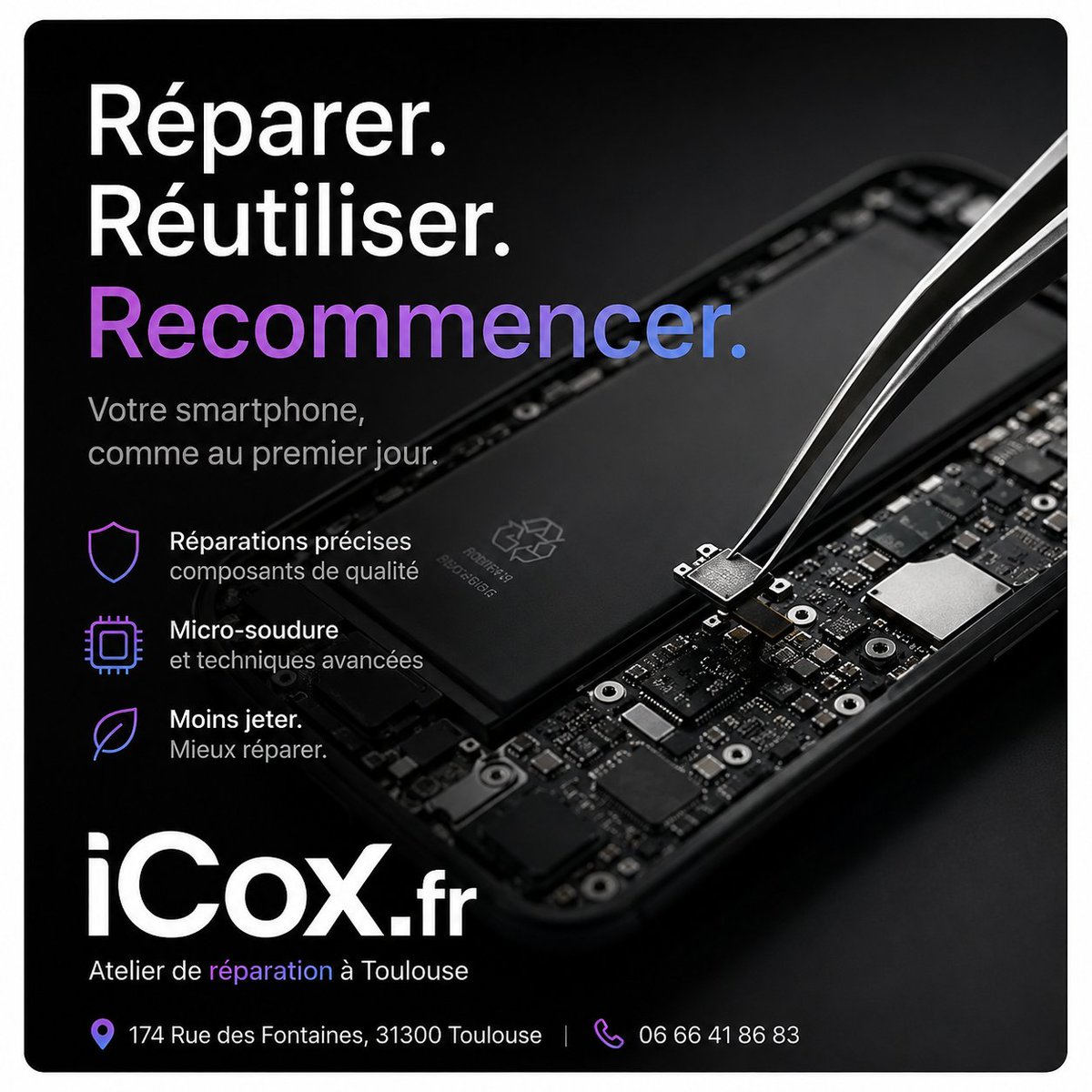 cpixfr's tweet photo. Depuis 2003, iCox redonne vie à vos appareils à Toulouse. Grâce à une expertise solide et des composants de qualité, nous réparons vos smartphones, tablettes et ordinateurs avec soin et précision. #iPhone #Apple #ReparationiPhone #Toulouse #cPix #PiecesDetachees #Smartphone #Tech https://t.co/Sx5JaJuQuN